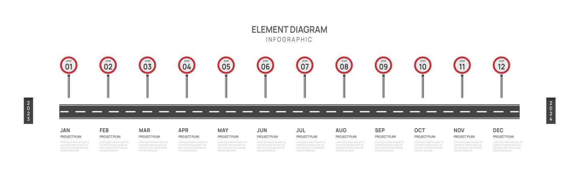 Infografica tabella di marcia modello per attività commerciale. 12 mesi moderno sequenza temporale elemento diagramma calendario, 4 trimestre passaggi pietra miliare presentazione vettore infografica.