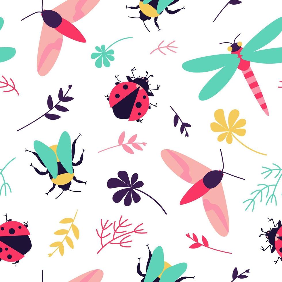 seamless con insetti - farfalla, calabrone, libellula, coccinella e motivi floreali vettore