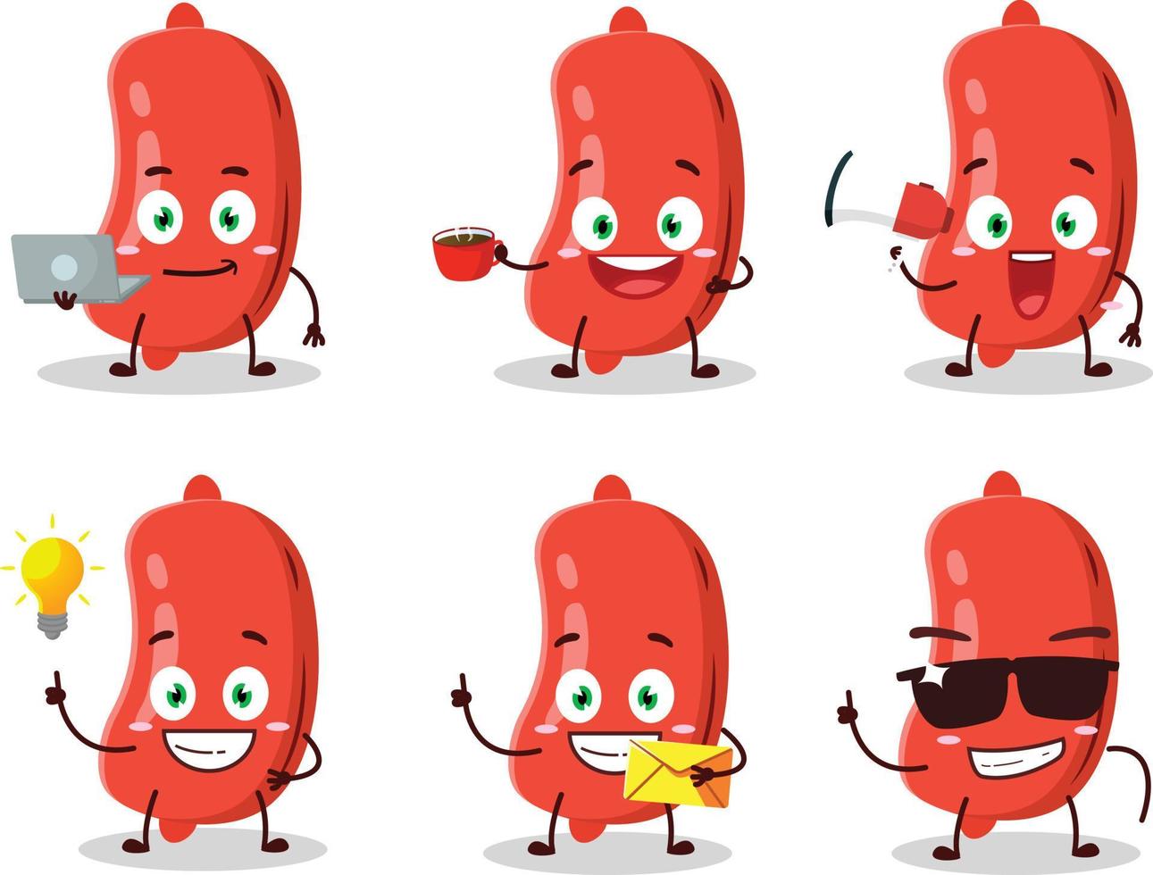 salsiccia cartone animato personaggio con vario tipi di attività commerciale emoticon vettore