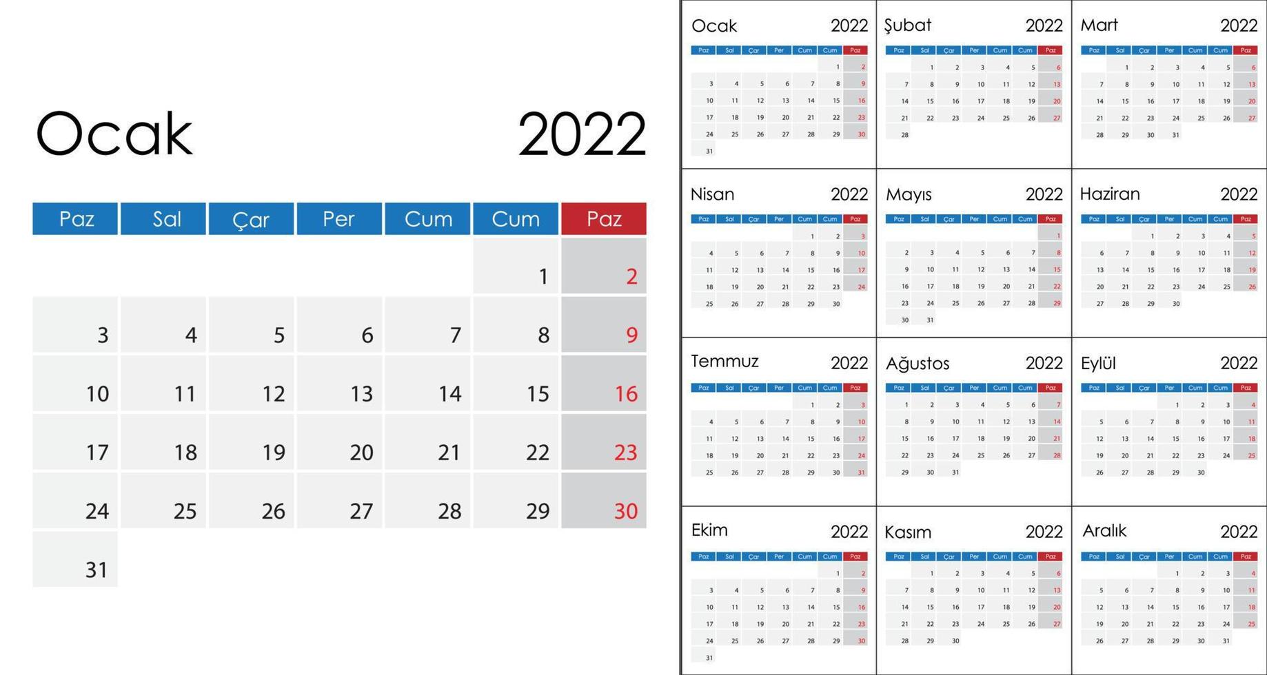 semplice calendario 2022 su Turco linguaggio, settimana inizio su lunedì. vettore