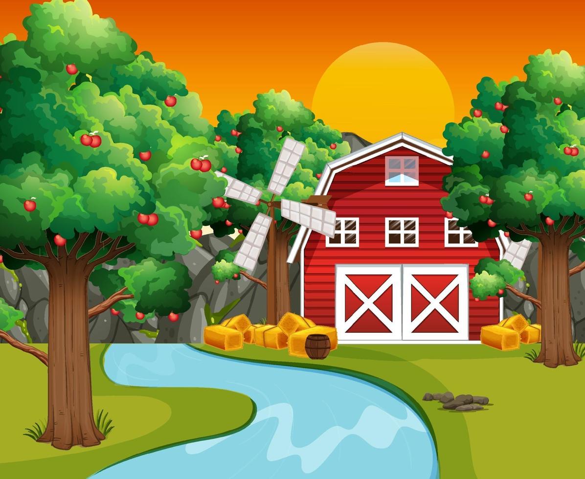 scena di fattoria con fienile rosso e mulino a vento vettore