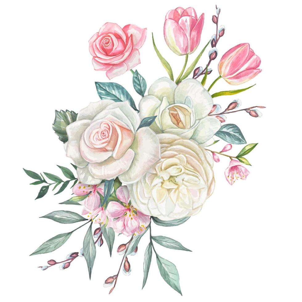 acquerello fiore mazzo. primavera fiore accordi con bianca rosa, sakura e tulipani vettore
