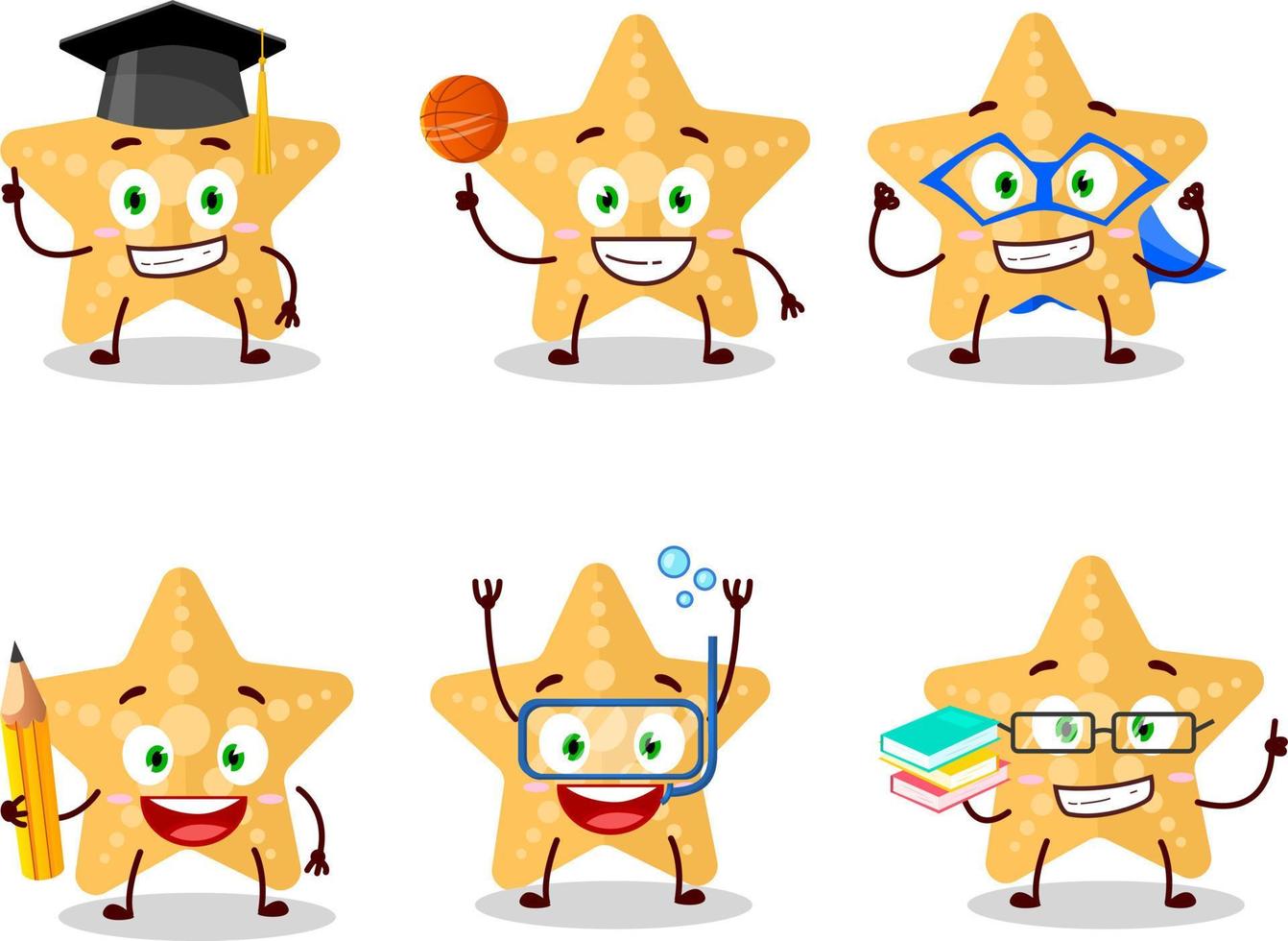 scuola alunno di giallo stella marina cartone animato personaggio con vario espressioni vettore