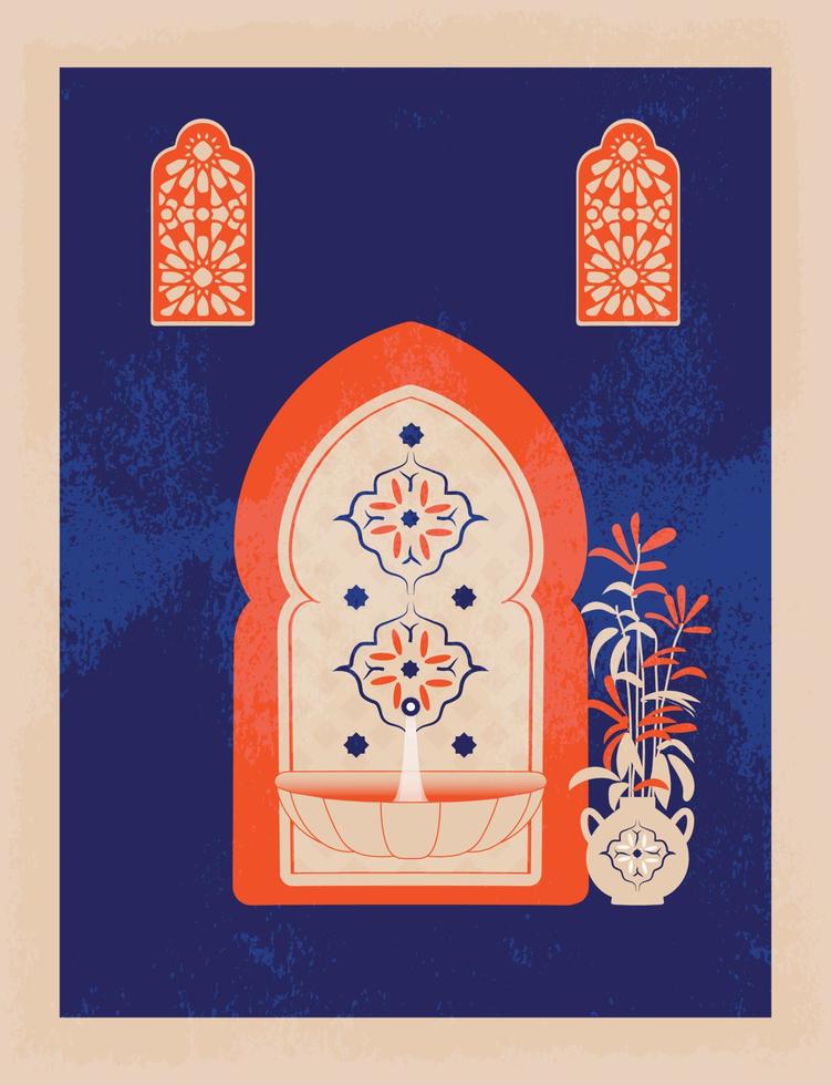 moderno e minimalista boho design. marocchino scena. un' marocchino porte, finestre e tradizionale artigianato. terracotta sfondo. vettore illustrazione.