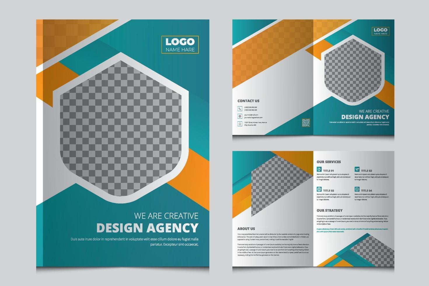 modello di brochure aziendale bi fold creativo. pieghevole design brochure per affari, azienda, agenzia di marketing. a4 multiuso brochure aziendale bifold, flyer, depliant vettore