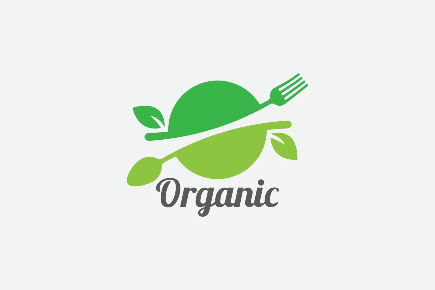 biologico cibo logo con un' combinazione di un' forchetta, cucchiaio, e le foglie. vettore