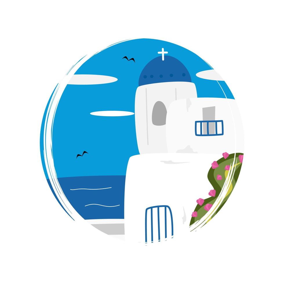 carino logo o icona vettore con soleggiato giorno greco paesaggio scena con mare, illustrazione su cerchio con spazzola struttura, per sociale media storia e evidenziare