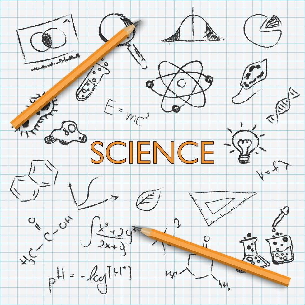doodle di tiraggio della mano di educazione scientifica con la matita su carta millimetrata, illustrazione vettoriale