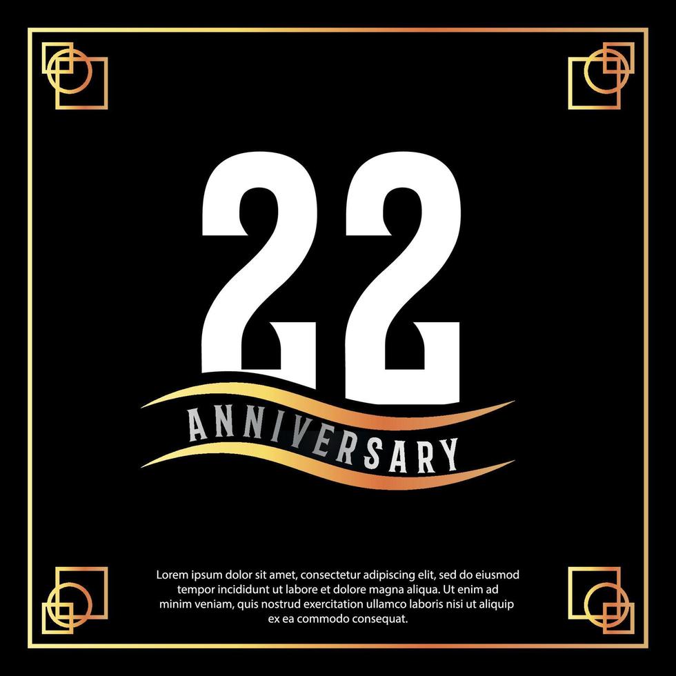 22 anno anniversario logo design bianca d'oro astratto su nero sfondo con d'oro telaio modello illustrazione vettore