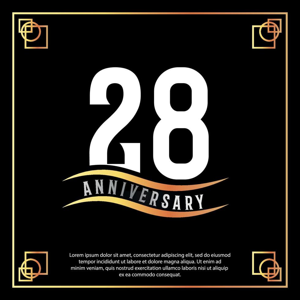 28 anno anniversario logo design bianca d'oro astratto su nero sfondo con d'oro telaio modello illustrazione vettore