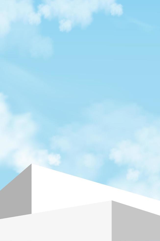 3d grigio podio passo al di sopra di nuvola, blu cielo sfondo, vettore sfondo Schermo con bianca palcoscenico vetrina mockup, minimo design fondale per molla, estate cosmetico Prodotto
