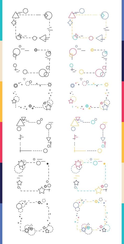 montatura impostato nel retrò impaurito grafico moderno stile. colorato e nero e bianca piatto geometrico forma frontiere schema nel Memphis design stile. Costruttivismo collezione vettore