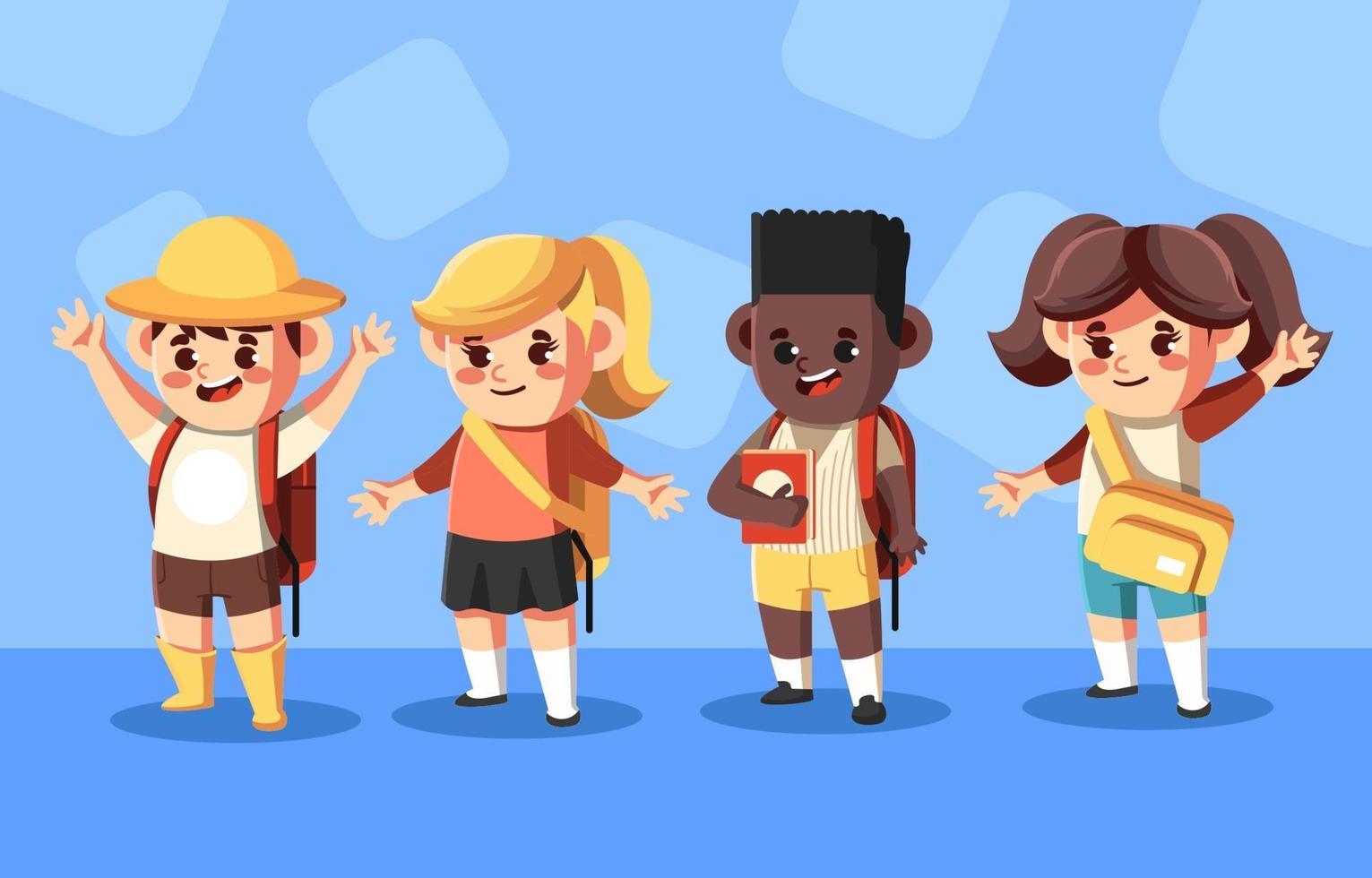 quattro simpatici personaggi per bambini vanno a scuola vettore