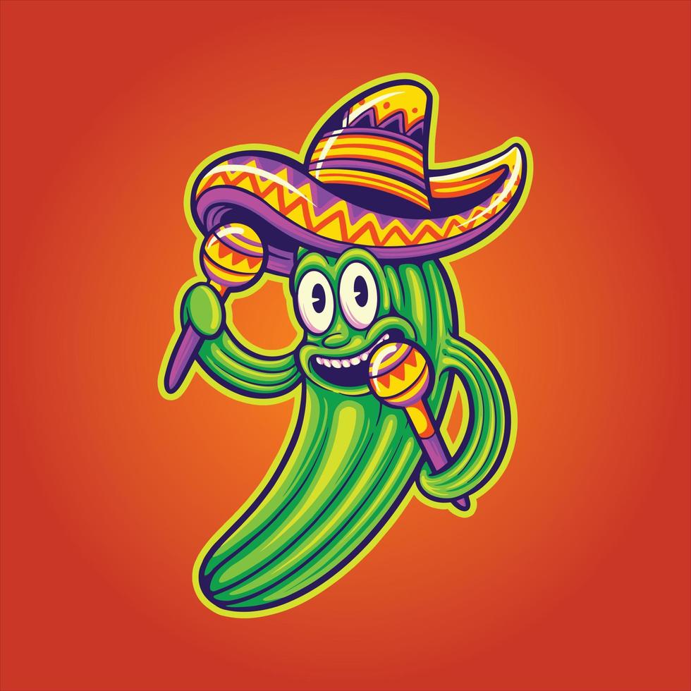 divertente cactus messicano sombrero cappello maracas logo cartone animato illustrazioni vettore