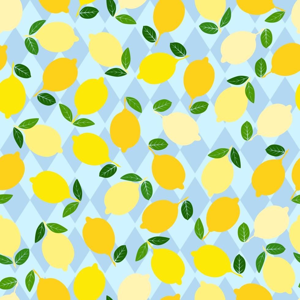 modello di limone. sfondo decorativo senza soluzione di continuità con i limoni gialli. design estivo luminoso su sfondo blu rombo. vettore