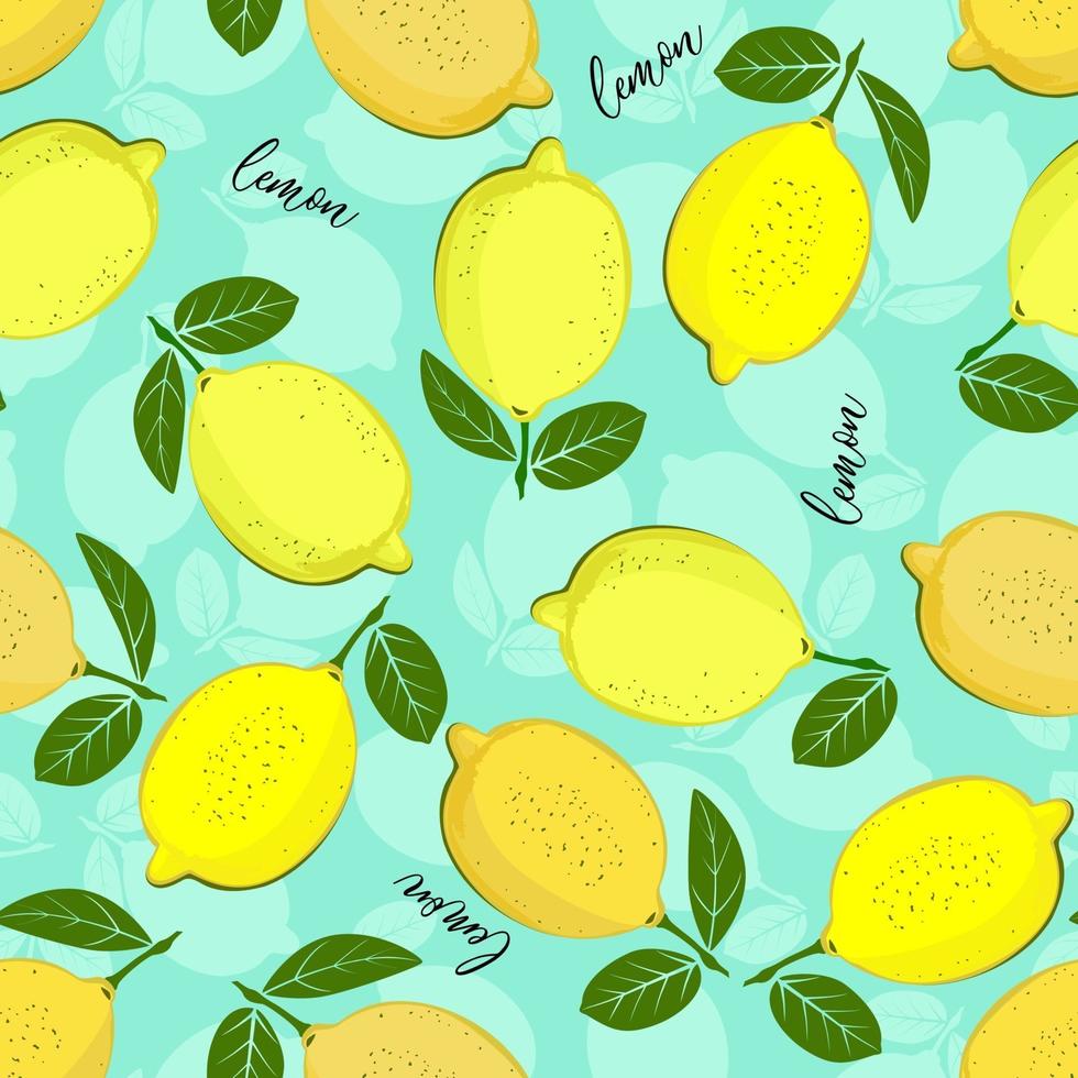 modello di limone. sfondo decorativo senza soluzione di continuità con i limoni gialli. luminoso design estivo su uno sfondo di colore verde mare. vettore