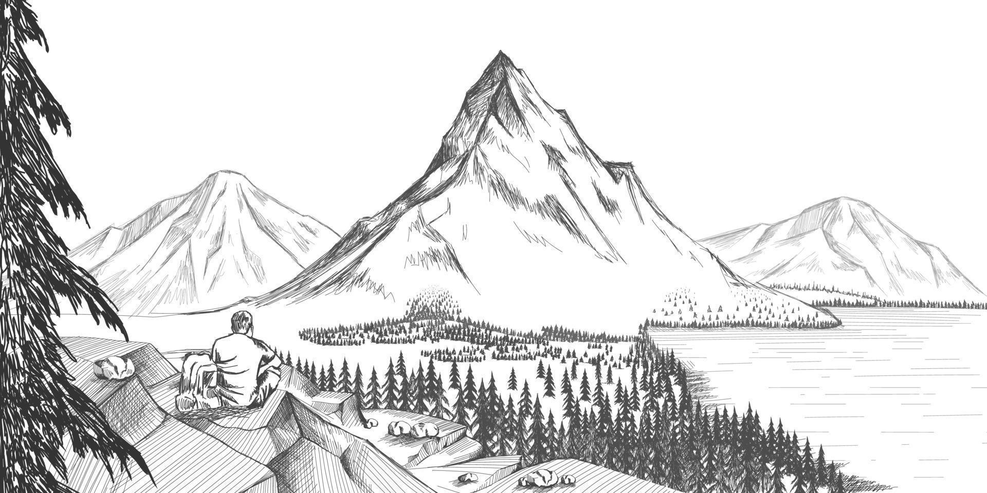 schizzo di uomo con zaino su superiore di montagna mano disegnato vettore illustrazione
