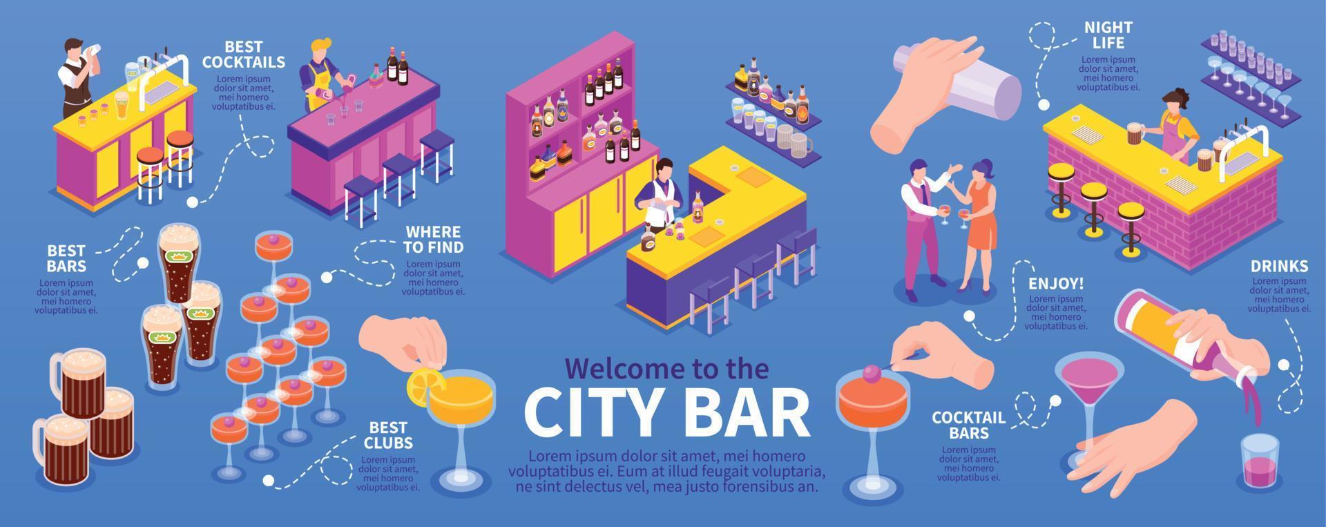 isometrico città bar infografica vettore