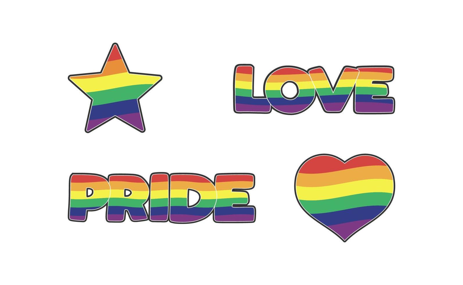 impostato di LGBTQ Comunità adesivi con bandiera, stella e cuore forme con arcobaleno colori. orgoglio mese simboli e slogan. gay parata icone. vettore