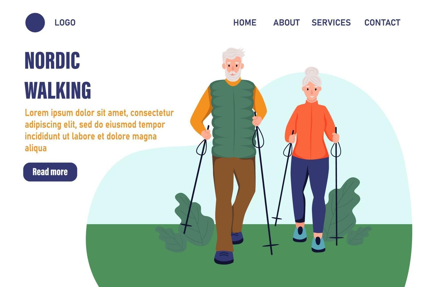 modelli di landing page per la felicità del nordic walking. coppia di anziani che camminano nel parco. il concetto di vecchiaia attiva. giorno degli anziani. illustrazione vettoriale piatta