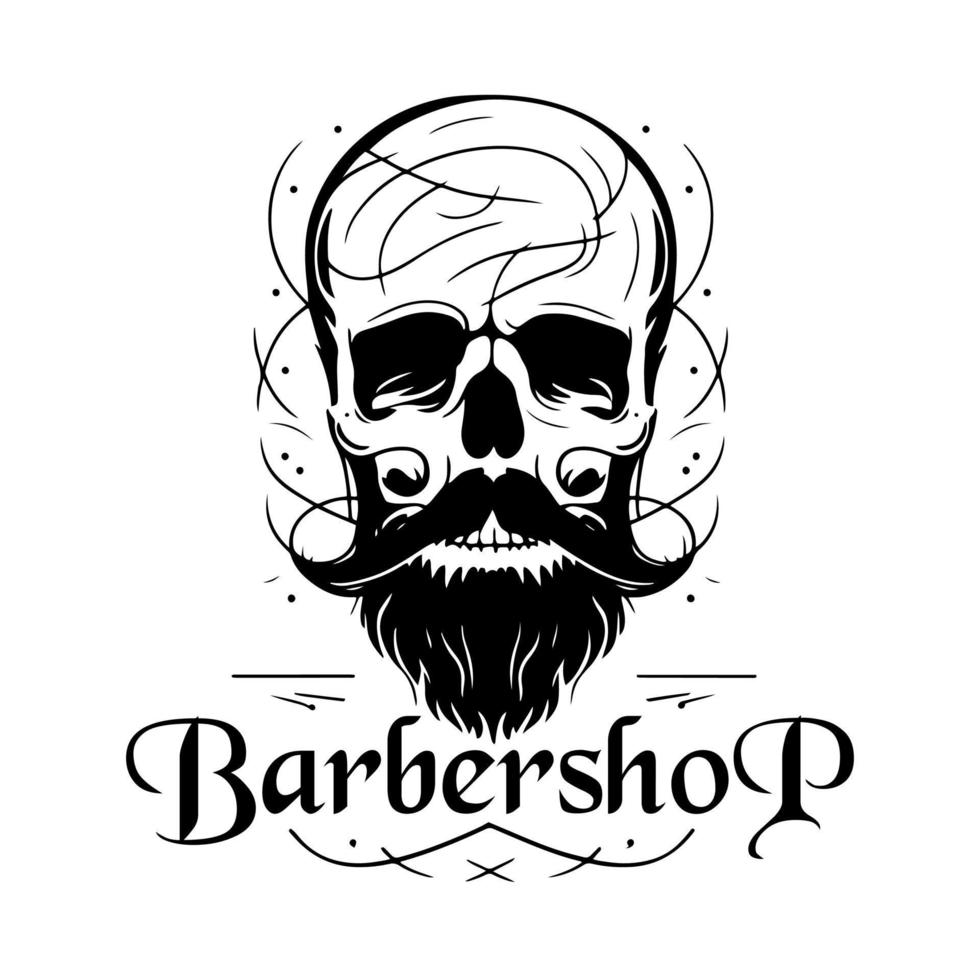 Calvo cranio con un' elegante barba e baffi. brutale barbiere logo, monocromatico vettore illustrazione.