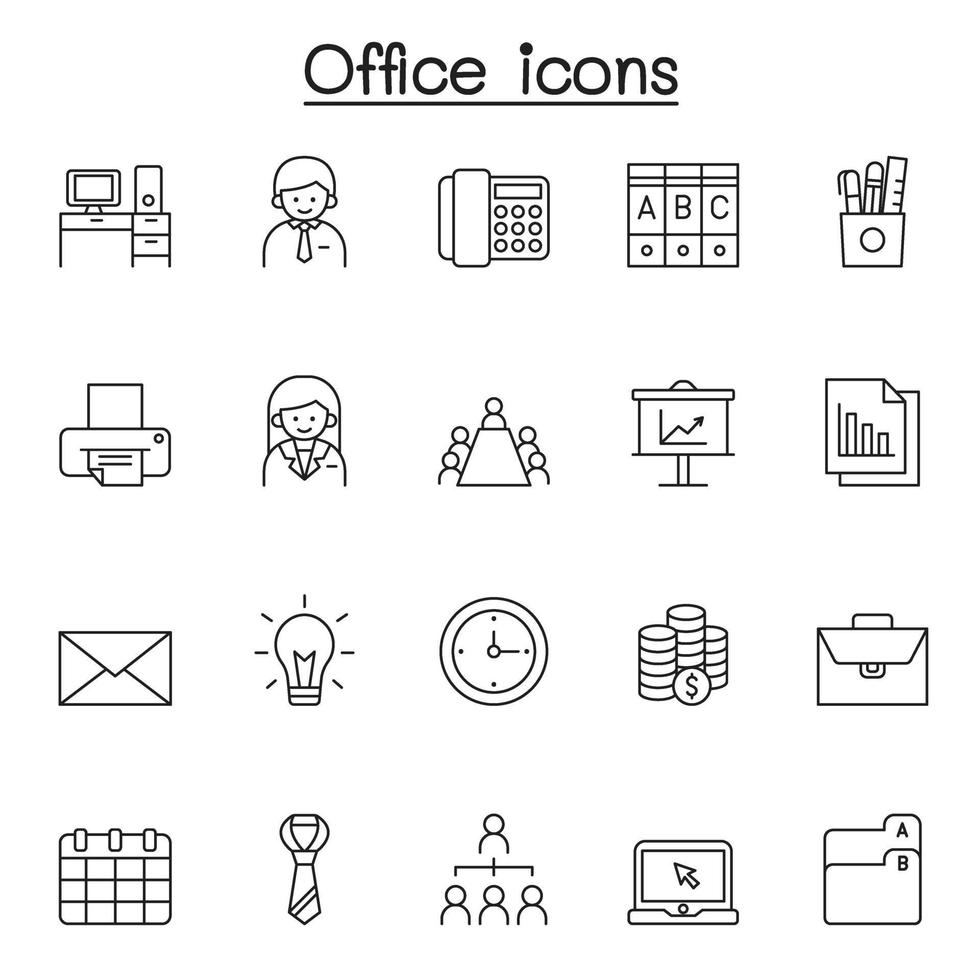 icone di ufficio impostate in stile linea sottile vettore