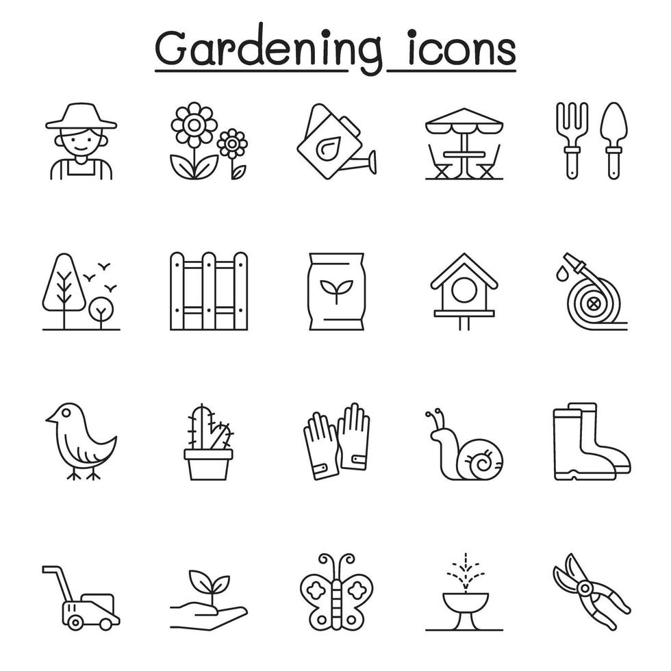 set di icone di linea del vettore relative al giardinaggio. contiene icone come giardiniere, guanto, tosaerba, pianta, farfalla, fertilizzazione, semina, stivale, pala, annaffiatoio e altro