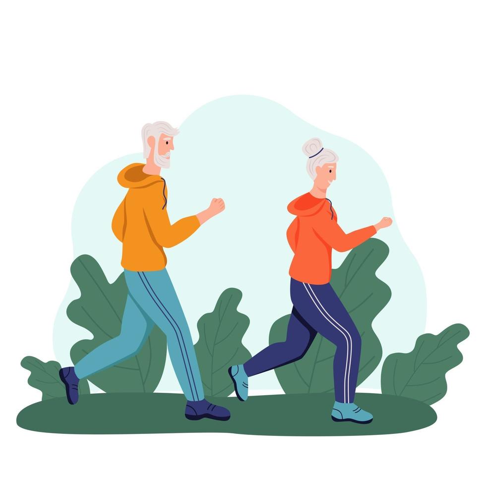 una coppia di anziani corre nel parco. il concetto di vecchiaia attiva, sport e corsa. giorno degli anziani. illustrazione vettoriale di cartone animato piatto.