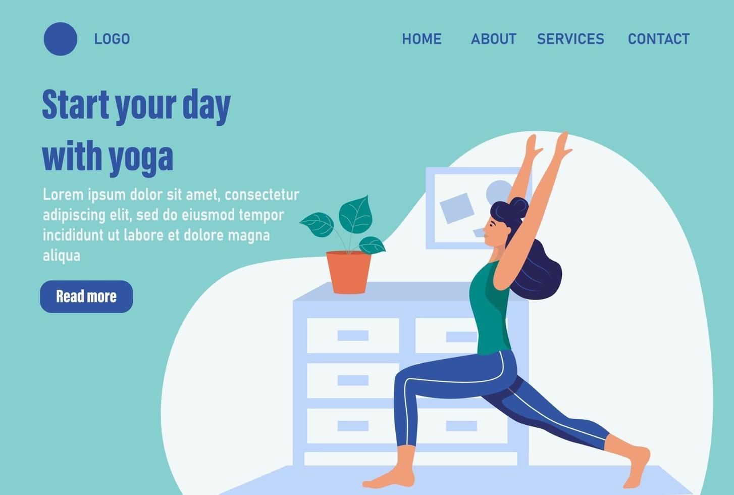 inizia la tua giornata con lo yoga. modello di pagina web di destinazione della home page del sito Web. giovane donna fa yoga a casa. il concetto di vita quotidiana, tempo libero quotidiano e attività lavorative. illustrazione vettoriale di cartone animato piatto.