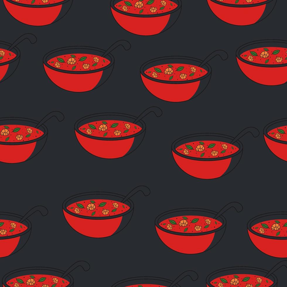 senza soluzione di continuità modello con asiatico la minestra. illustrazione di tom patata dolce con gamberetti nel rosso e nero colori vettore