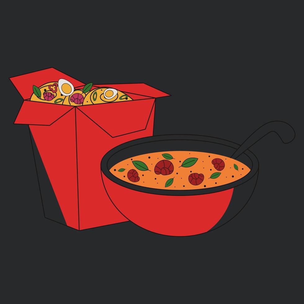 tom yum la minestra e spaghetto nel scatola per partire con gamberetto. asiatico piatto illustrazione vettore