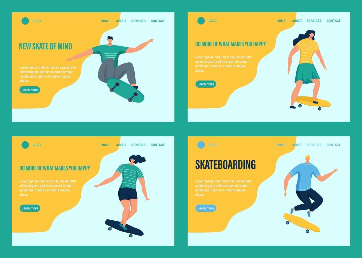 un giovane uomo e donna o adolescente cavalca uno skateboard. modello di pagina web di destinazione della home page del sito Web. illustrazione vettoriale piatta.