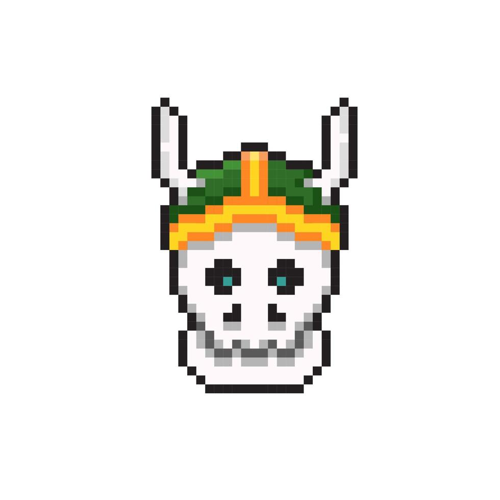 cranio testa con corno e casco nel pixel arte stile vettore