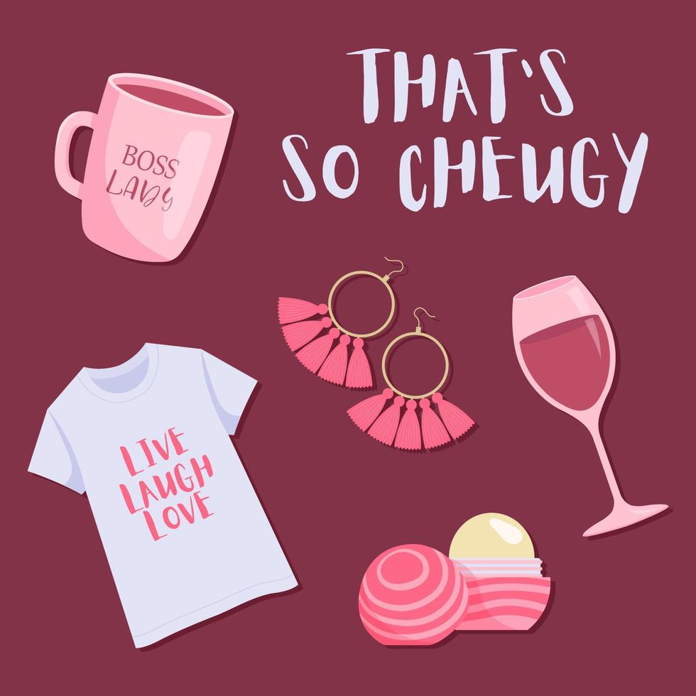 quello è così cheugy. slogan di cheuglife. impostato di cheugy roba. tazza, maglietta, bicchiere di vino, labbro balsamo, orecchini. cheuglife elementi. vettore illustrazione.