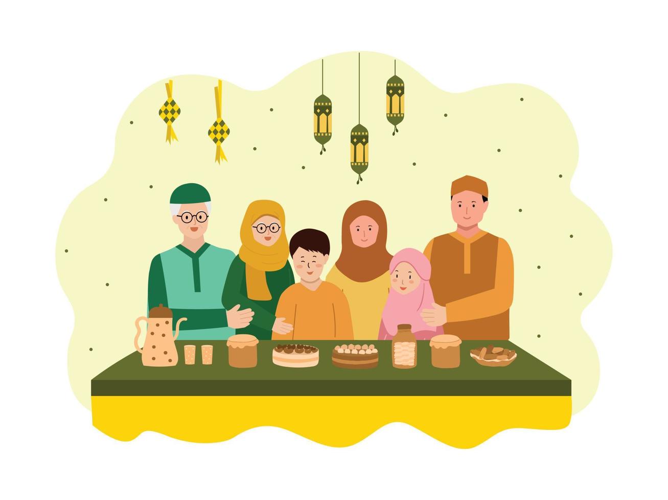 vettore design celebrazione Ramadan e eid mubarak famiglia, preghiere e dando cartone animato personaggio illustrazione concetto