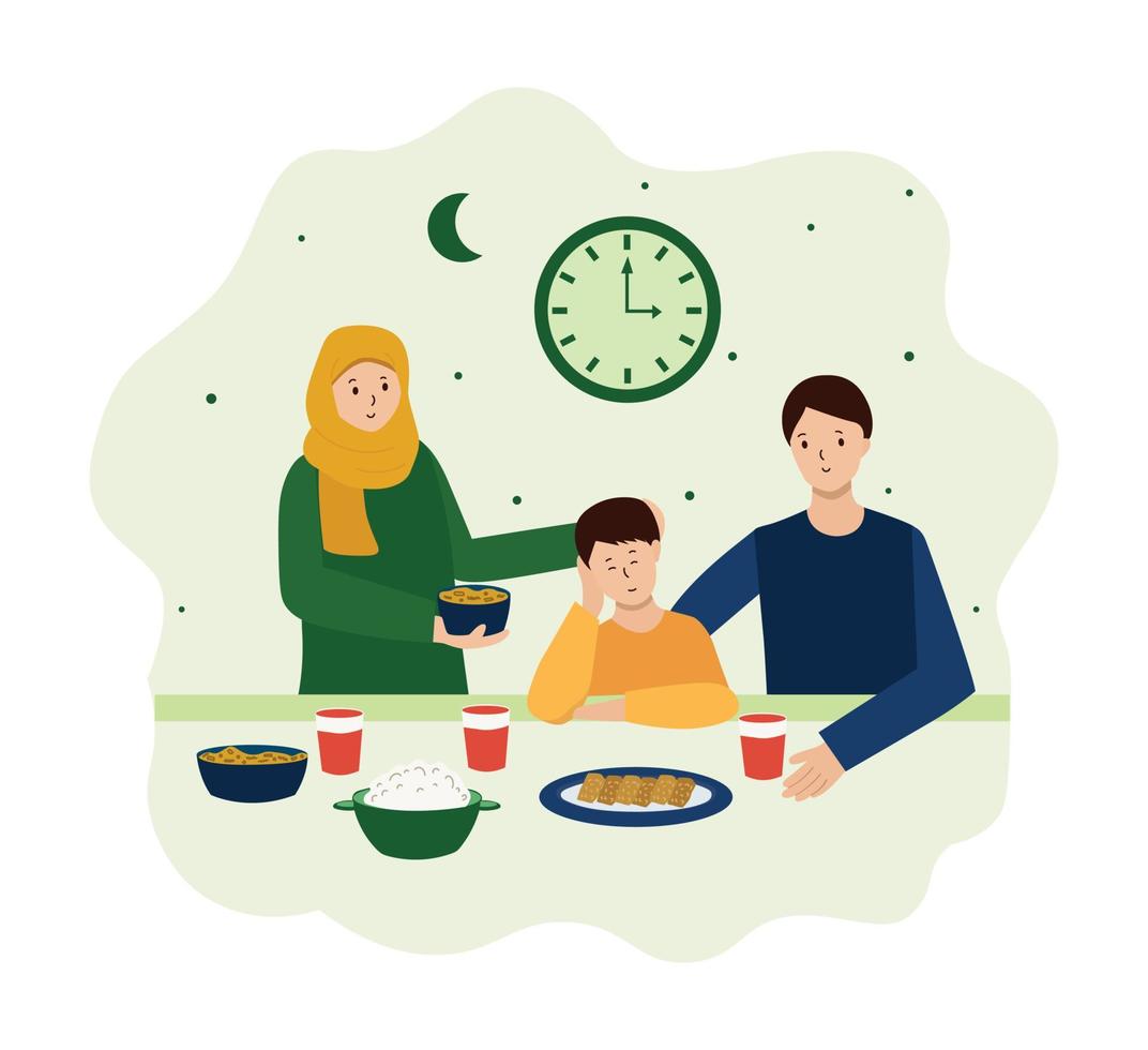 vettore design celebrazione Ramadan e eid mubarak famiglia, preghiere e dando cartone animato personaggio illustrazione concetto