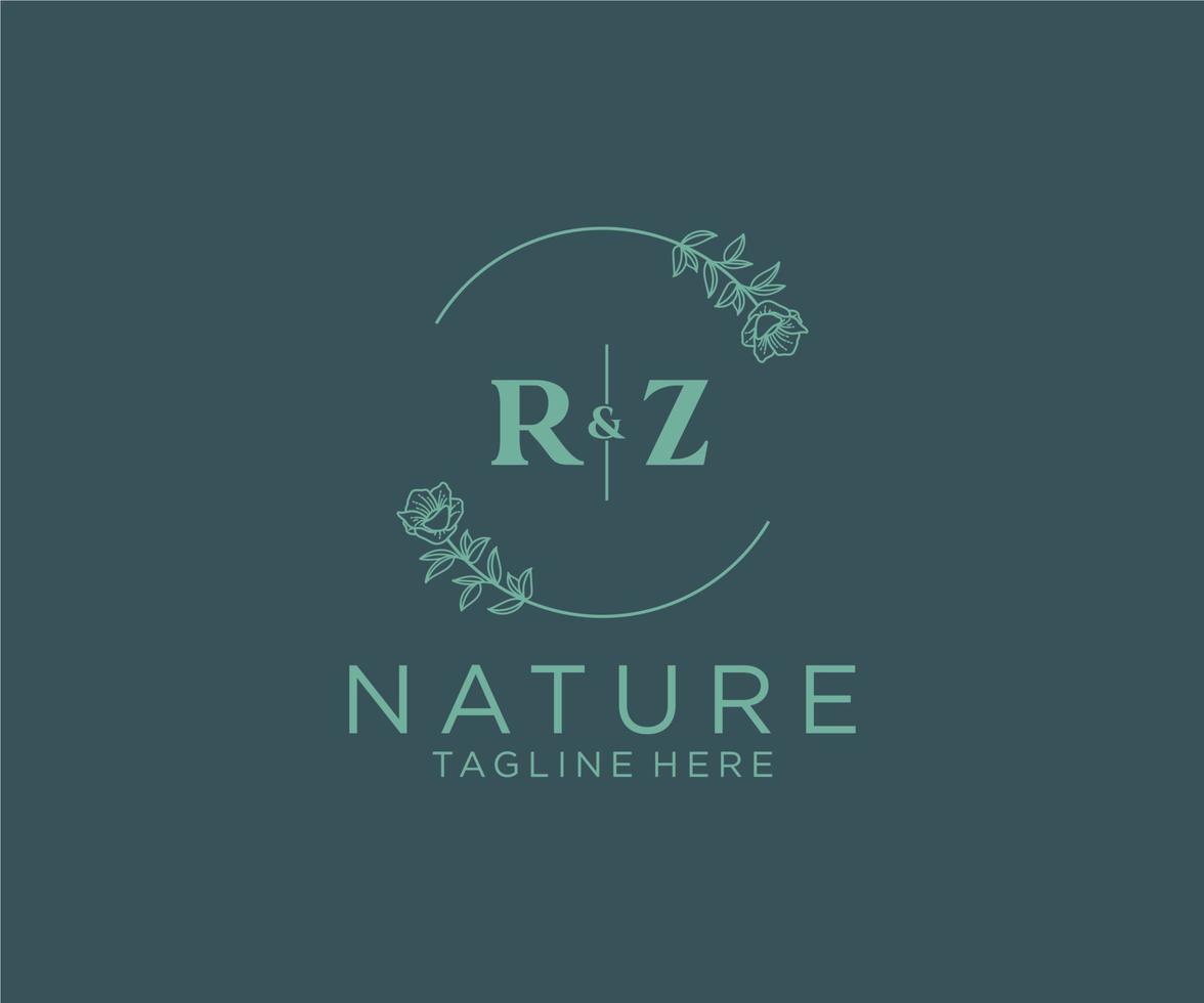 iniziale rz lettere botanico femminile logo modello floreale, modificabile prefabbricato monoline logo adatto, lusso femminile nozze marchio, aziendale. vettore
