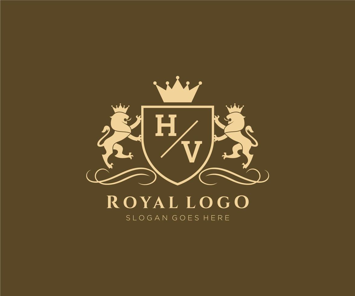 iniziale hv lettera Leone reale lusso stemma araldico logo modello nel vettore arte per ristorante, regalità, boutique, bar, Hotel, araldico, gioielleria, moda e altro vettore illustrazione.