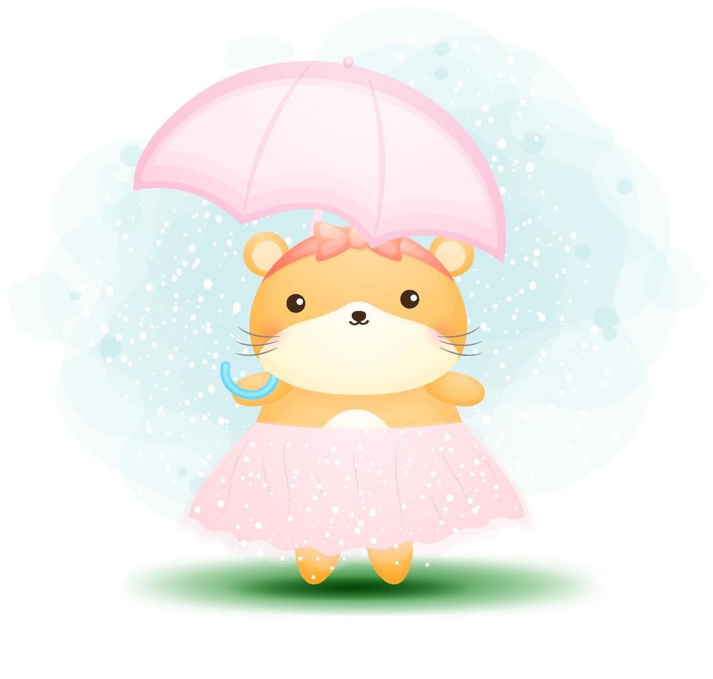 simpatico criceto doodle che tiene il personaggio dei cartoni animati di ombrello rosa vettore Premium