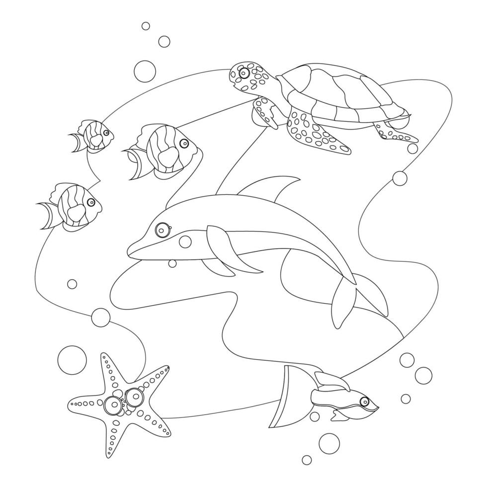 colorazione pagine. marino selvaggio animali. delfino nuotate con tartaruga, stella marina e alcuni tipi di pesce sott'acqua. vettore