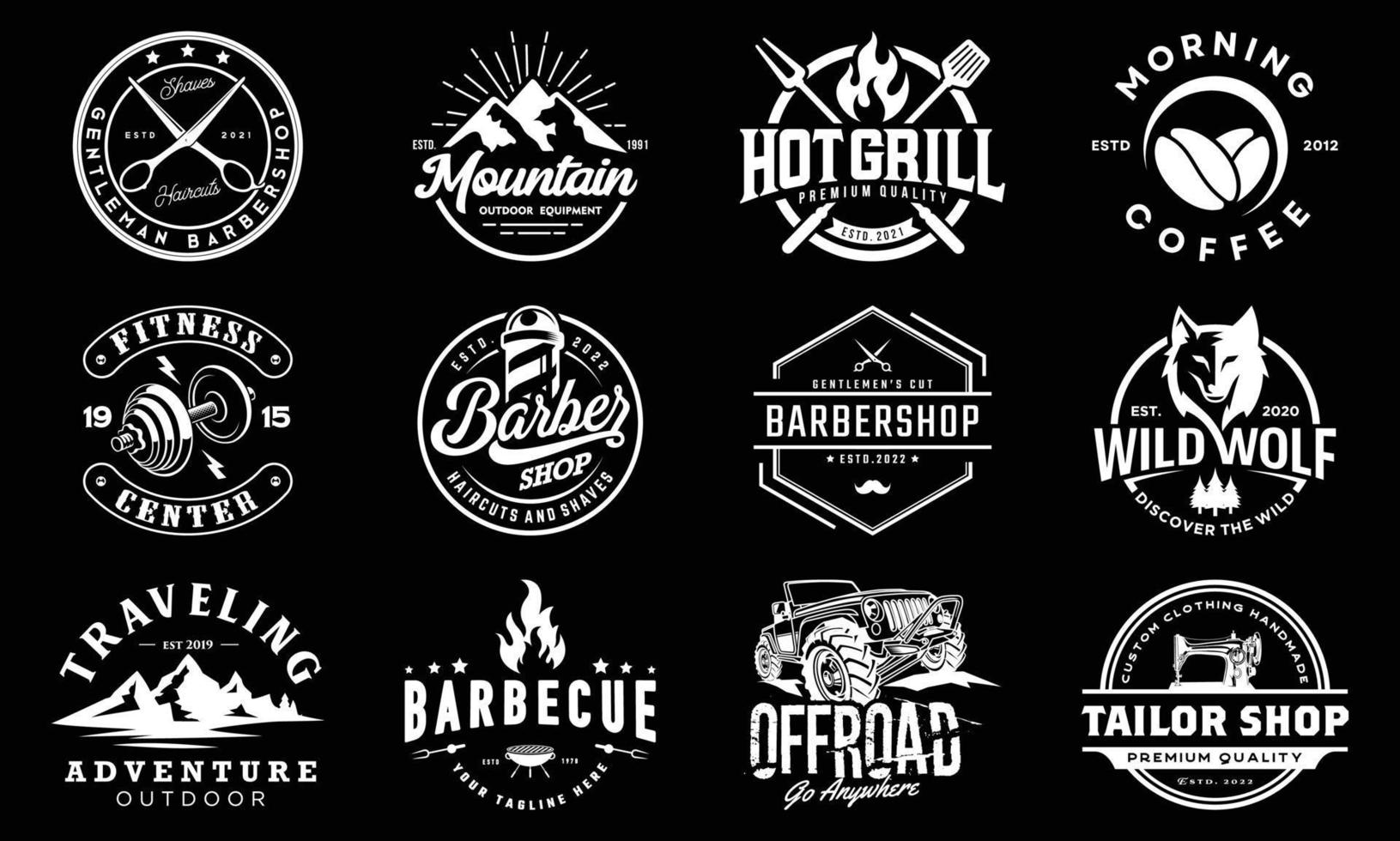 12 Vintage ▾, all'aperto fricchettone, e distintivo logo disegni impostato vettore