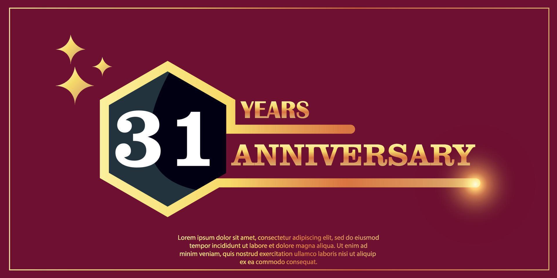 31st anniversario oro colore logotipo stile con esagono forma con bianca colore numero font su rosso sfondo vettore illustrazione