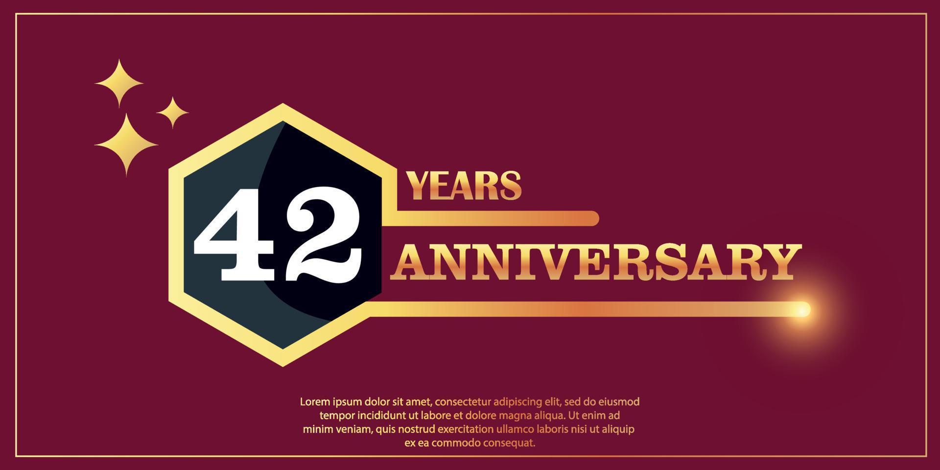 42nd anniversario oro colore logotipo stile con esagono forma con bianca colore numero font su rosso sfondo vettore illustrazione