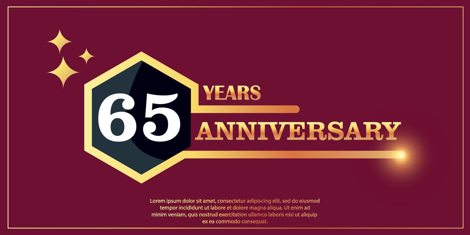 65 ° anniversario oro colore logotipo stile con esagono forma con bianca colore numero font su rosso sfondo vettore illustrazione