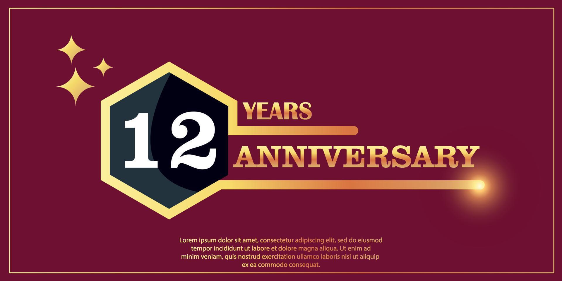 12 ° anniversario oro colore logotipo stile con esagono forma con bianca colore numero font su rosso sfondo vettore illustrazione