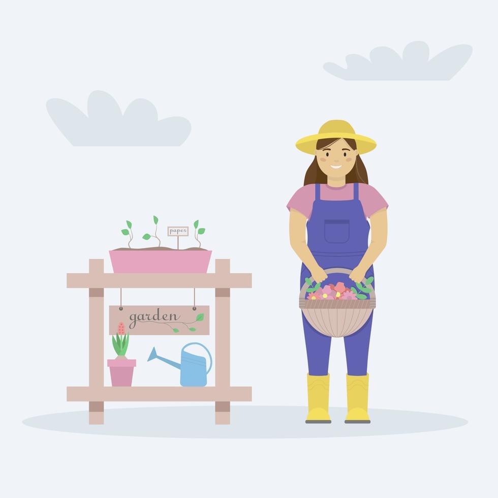 illustrazione piatta di un giardiniere donne con un cesto di fiori in stivali di gomma e un cappello. vettore