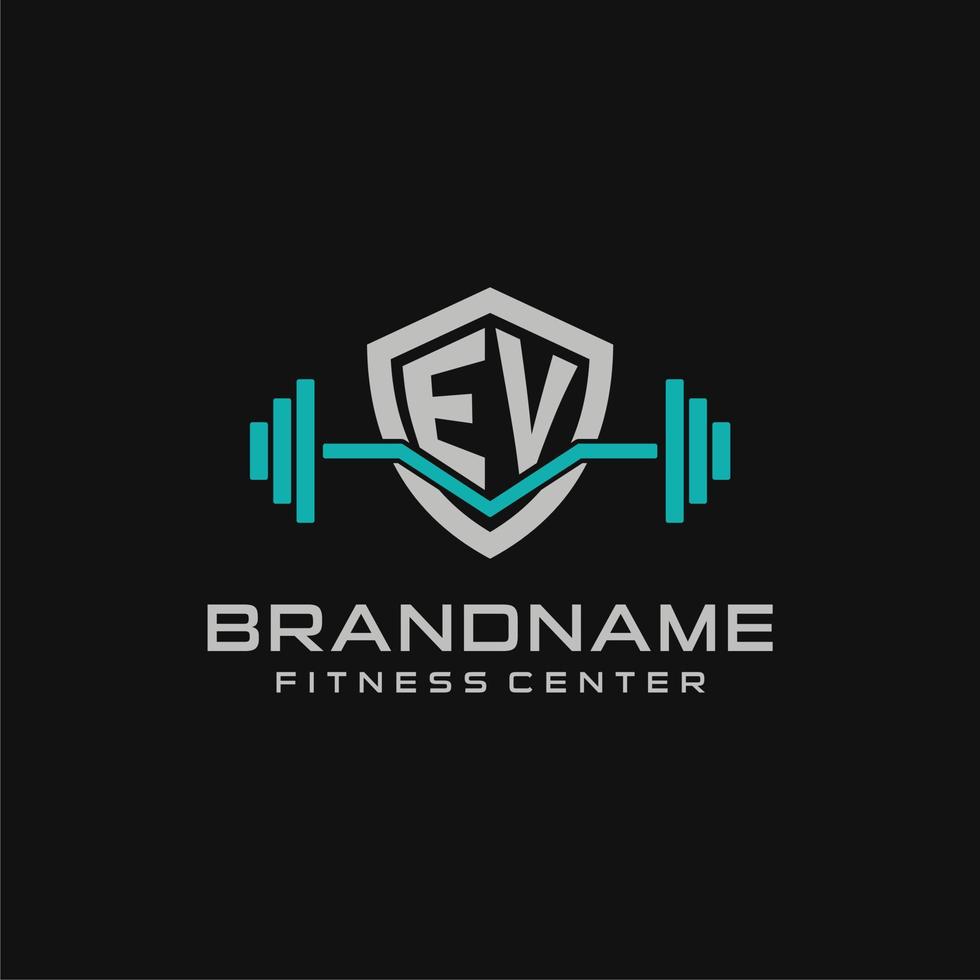 creativo lettera ev logo design per Palestra o fitness con semplice scudo e manubrio design stile vettore