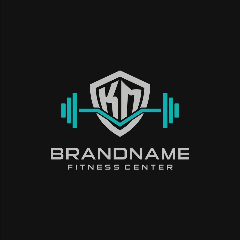 creativo lettera km logo design per Palestra o fitness con semplice scudo e manubrio design stile vettore