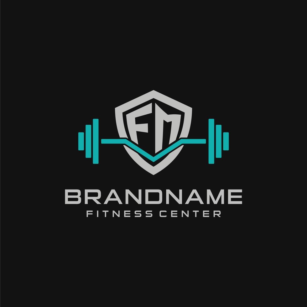 creativo lettera fm logo design per Palestra o fitness con semplice scudo e manubrio design stile vettore