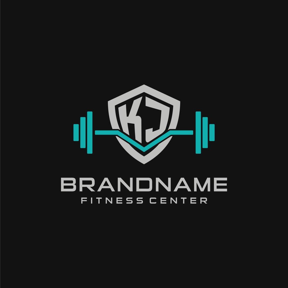 creativo lettera kj logo design per Palestra o fitness con semplice scudo e manubrio design stile vettore